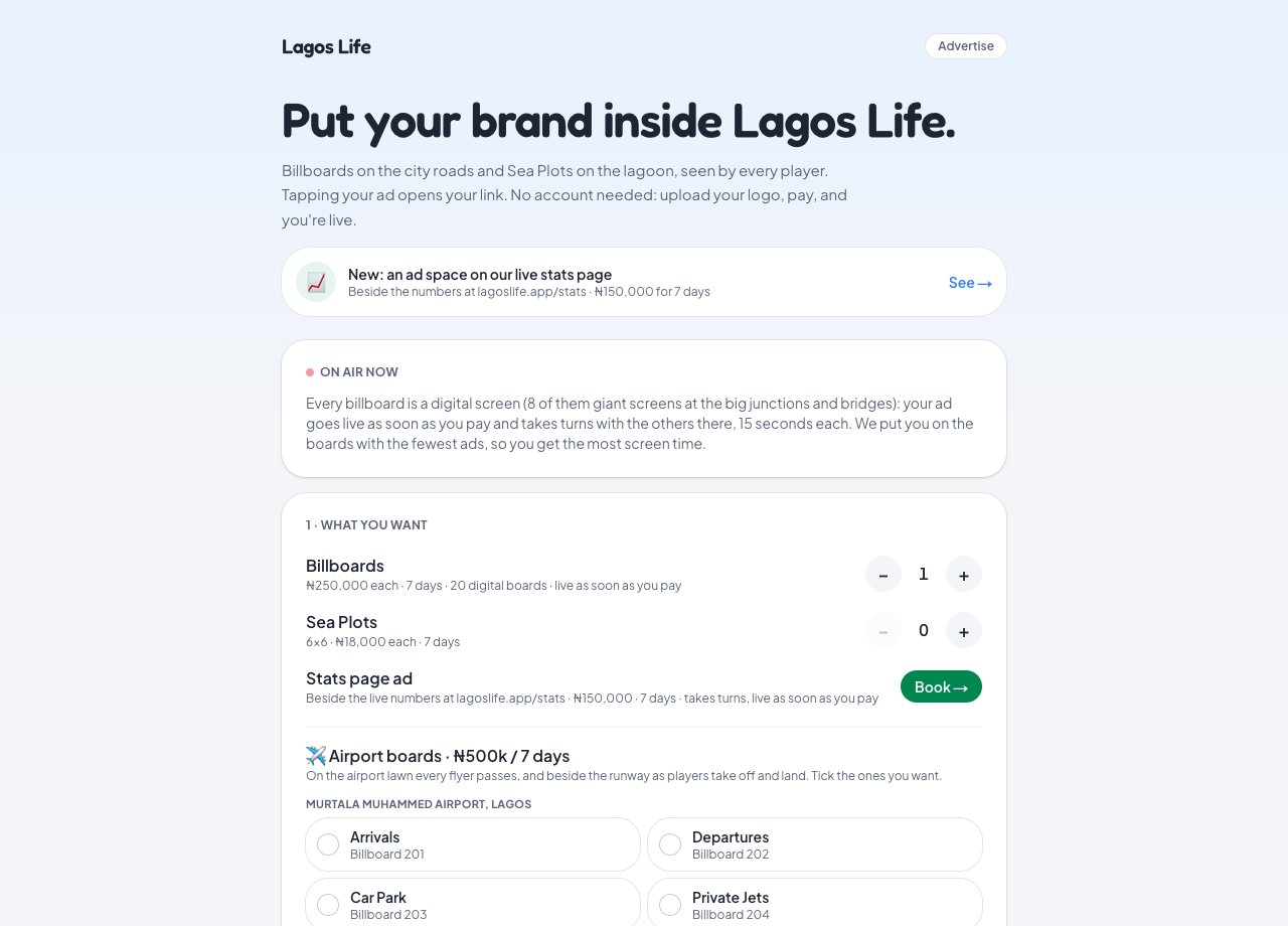 LagosLife advertising page showing its current prices and 15-second rotation text on 11 October 2026