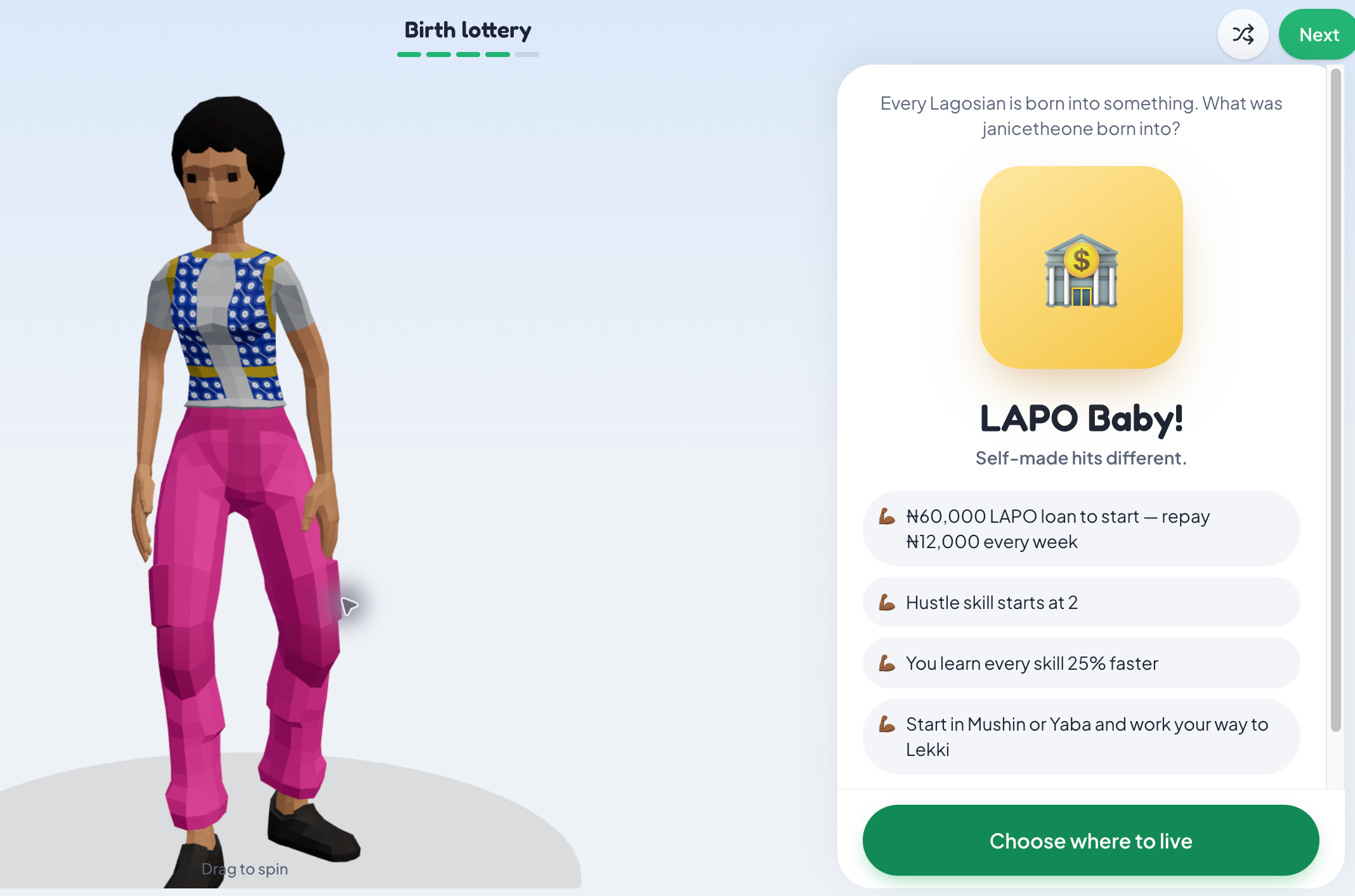 LagosLife birth lottery screen showing LAPO Baby, a 60,000 Game Naira starting loan, weekly repayments and skill benefits