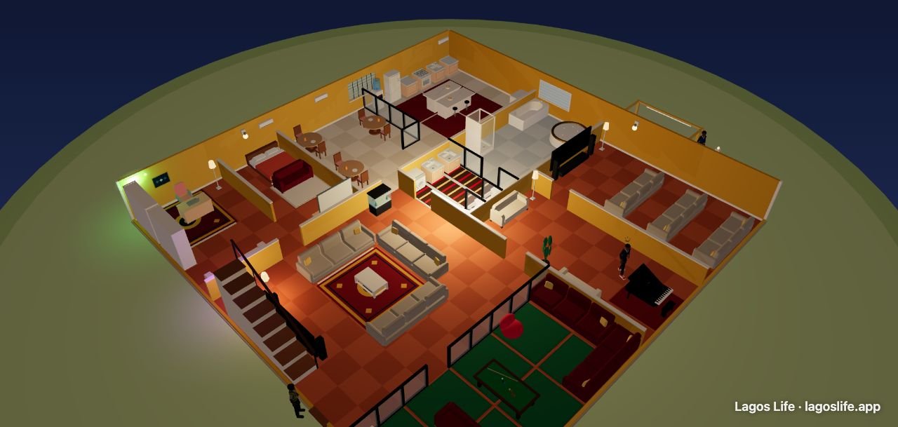 Ground-floor sofas, piano and exercise corner in Elijay’s LagosLife screenshot.