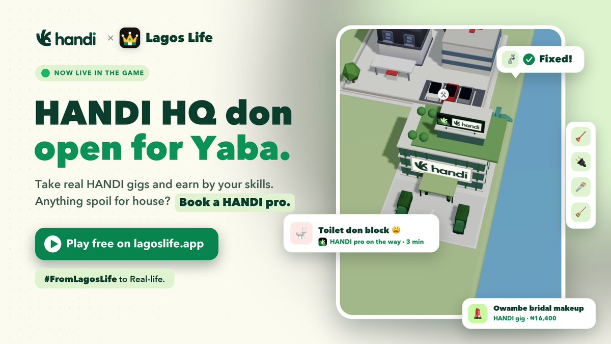 Official HANDI and LagosLife poster showing the green HANDI HQ building in Yaba