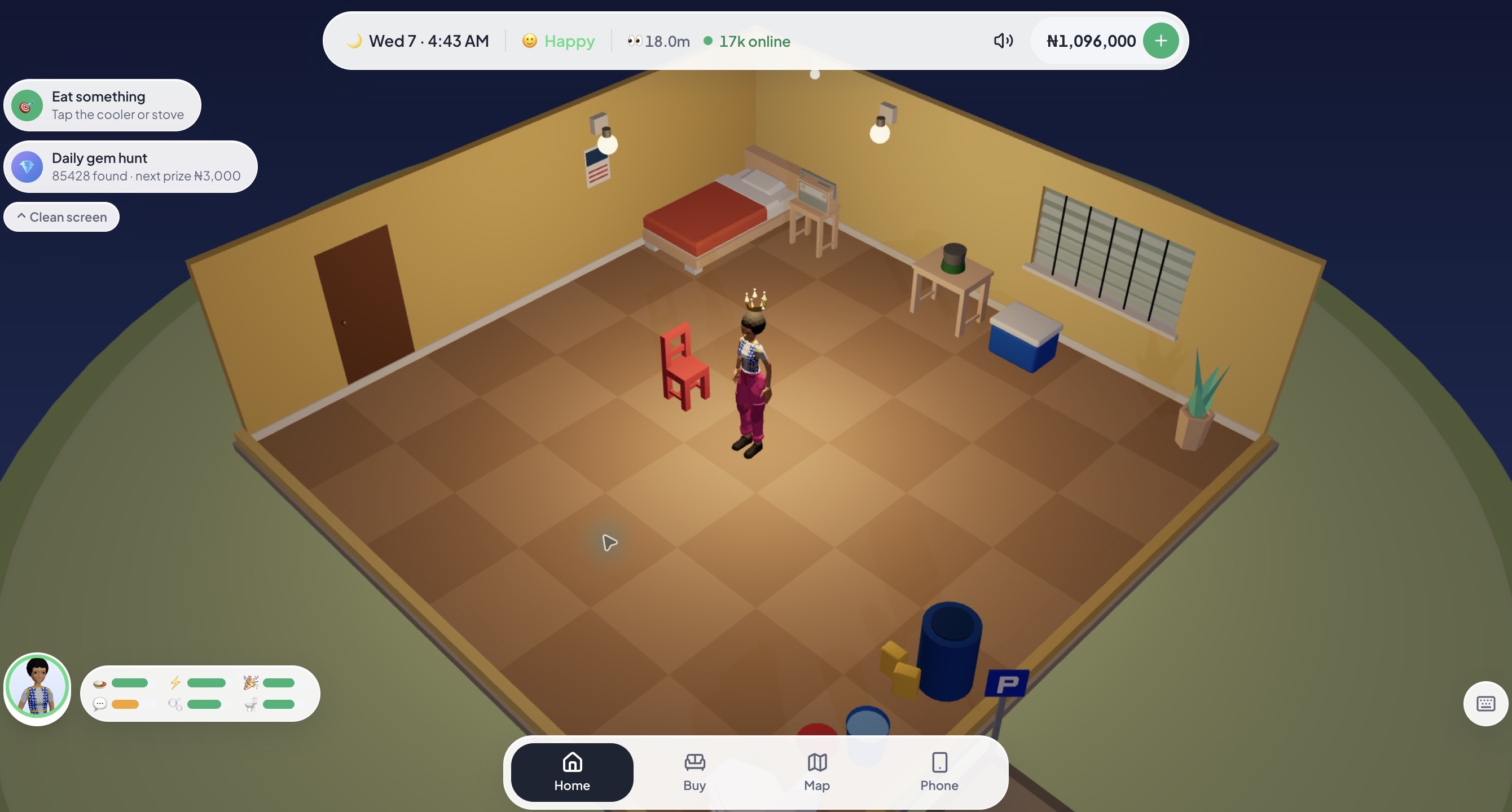 Authenticated LagosLife home view with an avatar, bed, cooler and chair