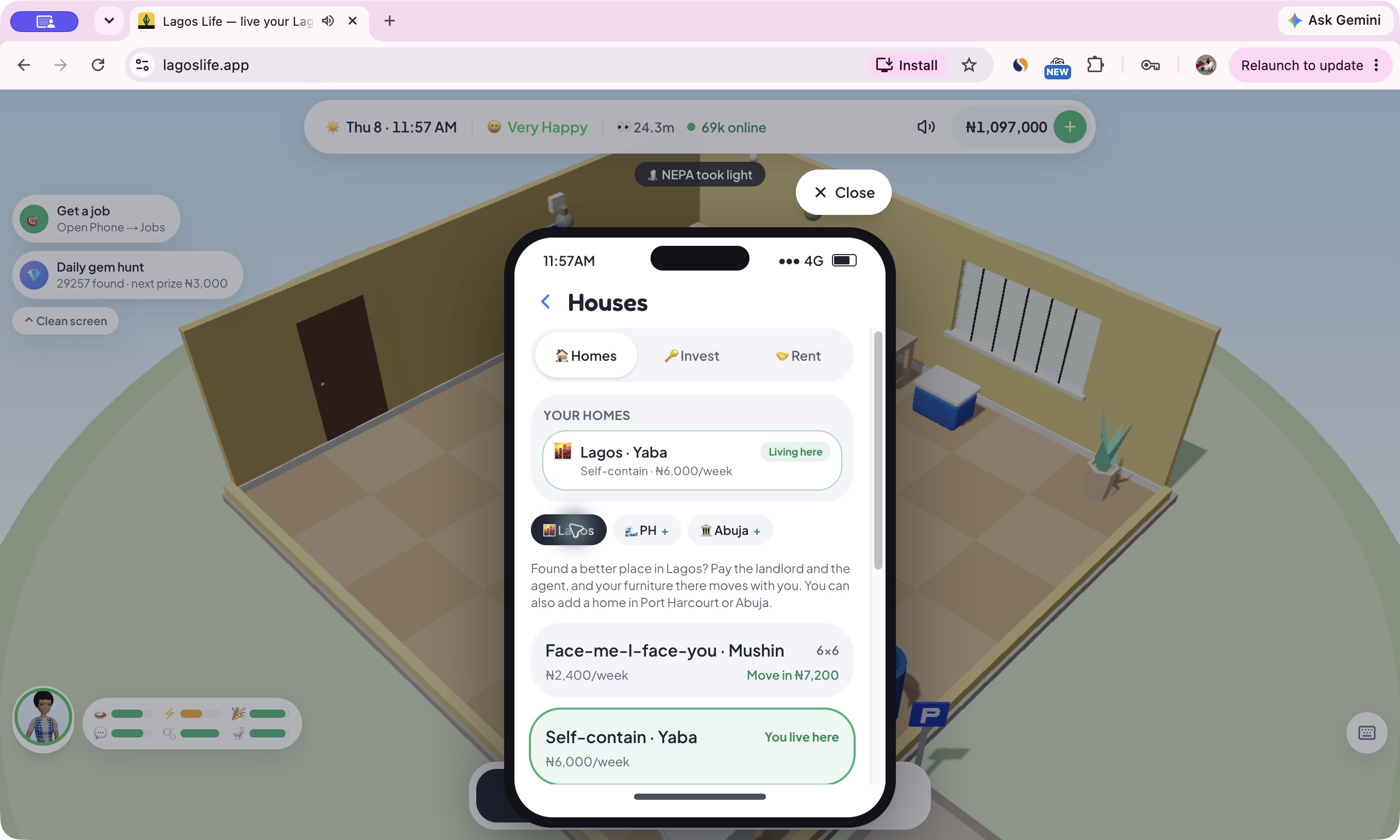 LagosLife Houses menu showing the current Yaba home at ₦6,000 per week and the Mushin offer at ₦2,400 per week with ₦7,200 to move in