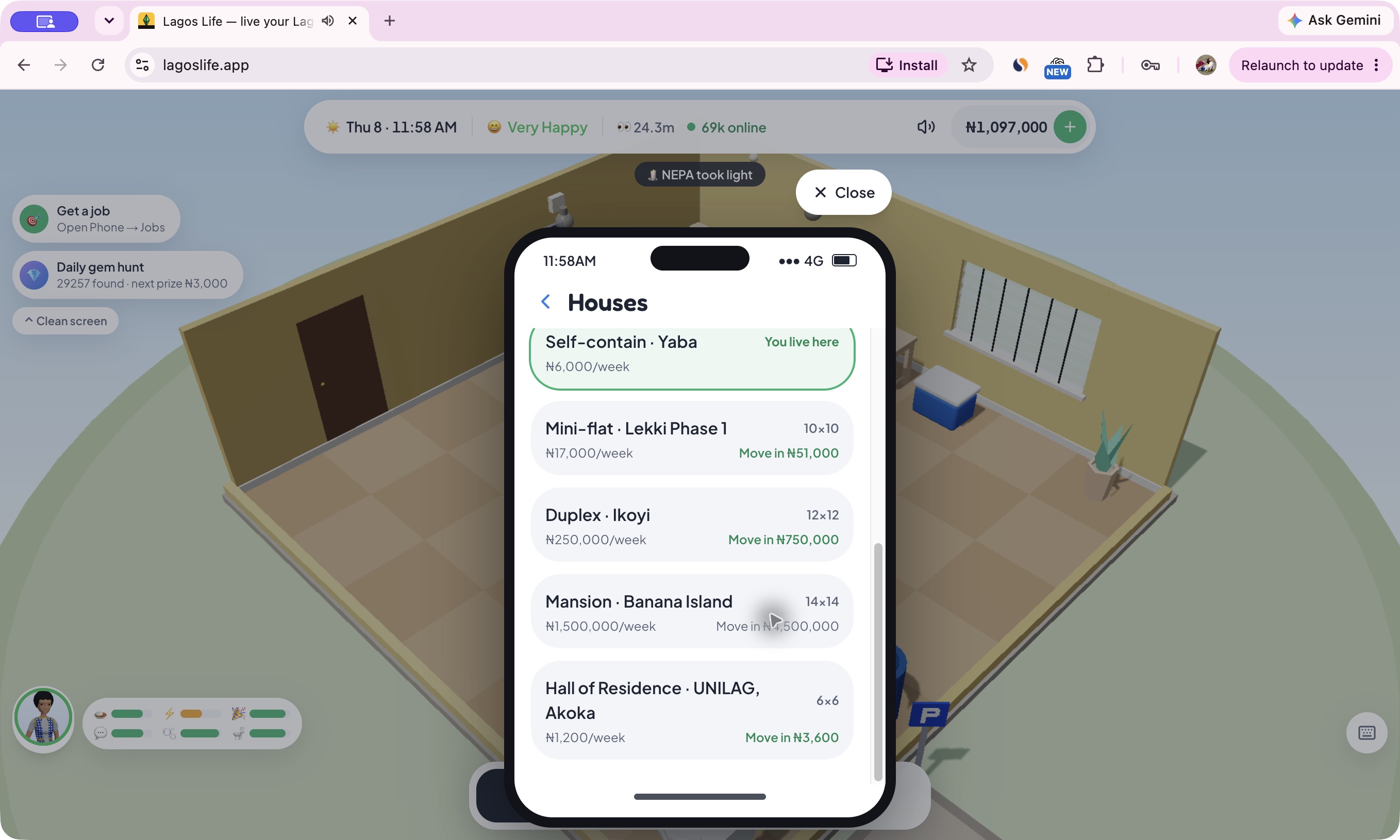 LagosLife housing list with weekly rent and move-in prices for Lekki Phase 1, Ikoyi, Banana Island and the UNILAG hall
