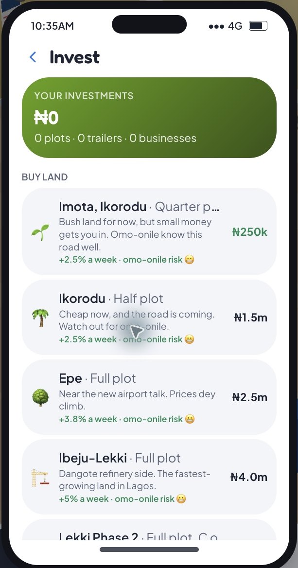 LagosLife Invest menu showing an empty portfolio and land offers for Imota, Ikorodu and Epe