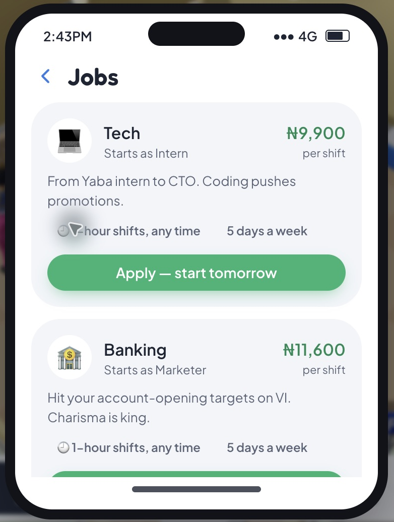 LagosLife Jobs phone screen with the Tech Intern listing at 9,900 Game Naira per shift and an Apply — start tomorrow button