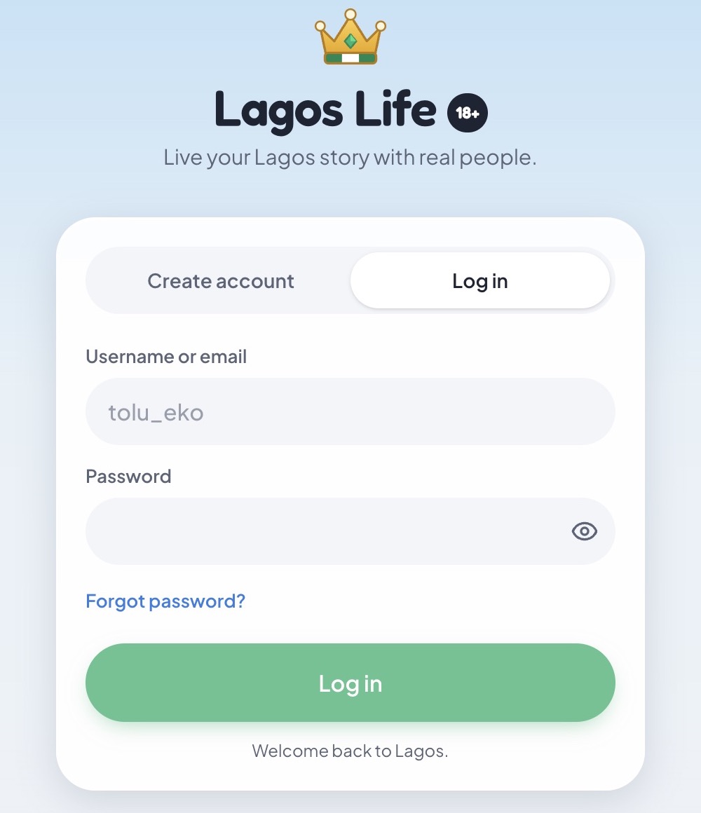 LagosLife public login form with username or email, password and Forgot password link