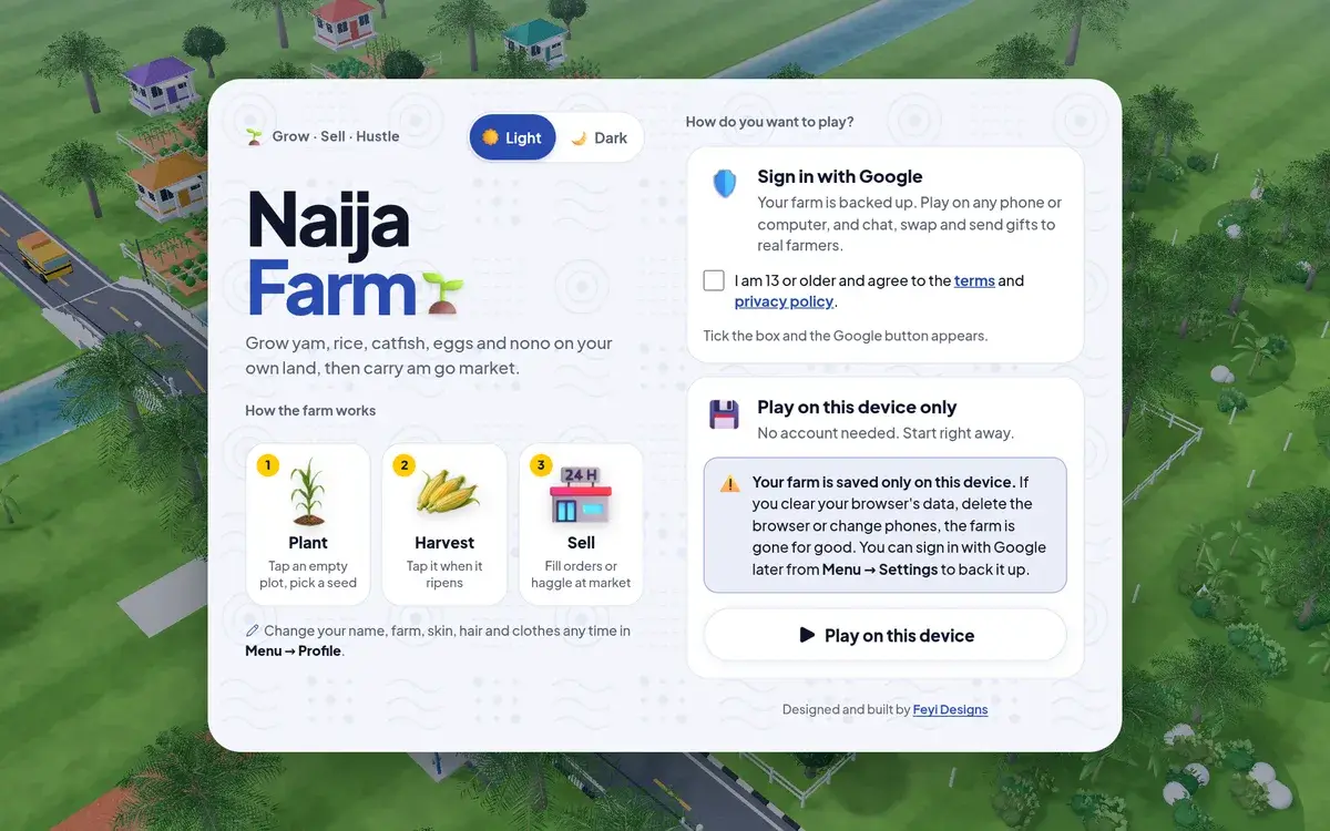 Naija Farm published preview with plant, harvest and sell steps beside entry options