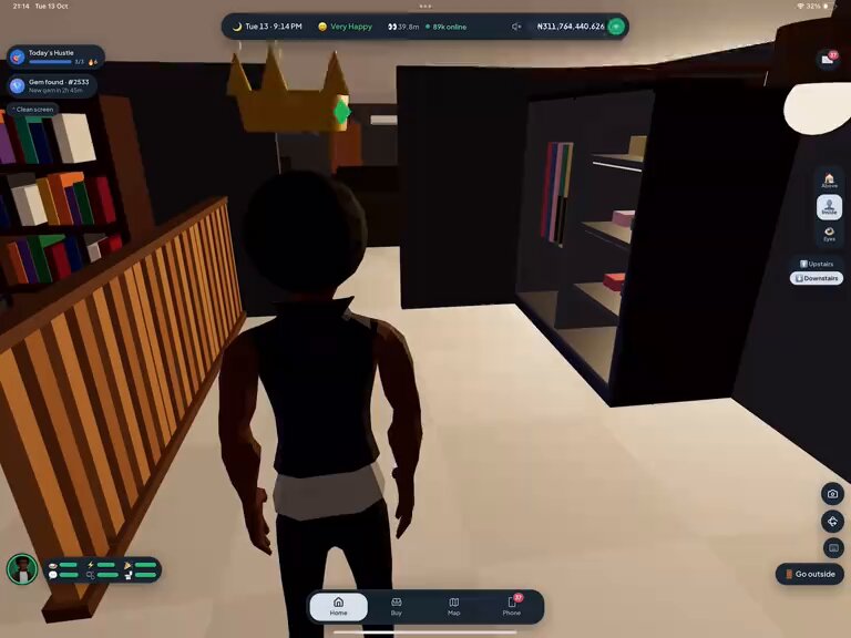 LagosLife character inside a furnished home with shelves, a stair railing and home-view controls