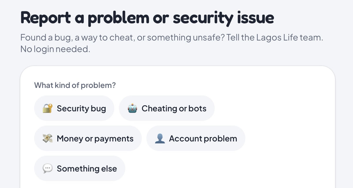 Official LagosLife report page showing no-login access and five problem categories