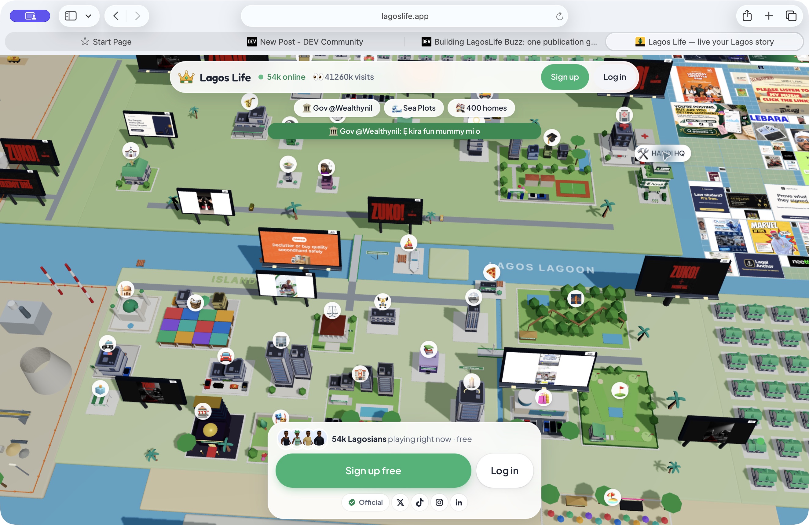 LagosLife public city map showing the lagoon, landmarks, billboards and a HANDI HQ label