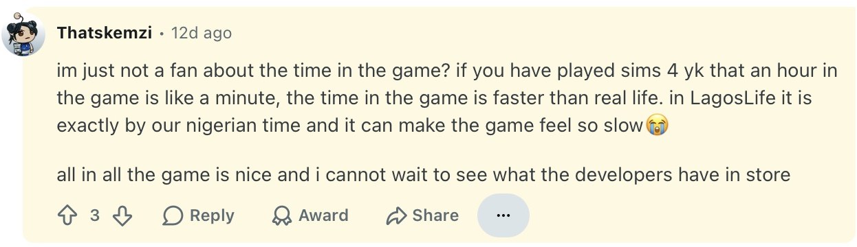Original Reddit comment by u/Thatskemzi comparing LagosLife and Sims time
