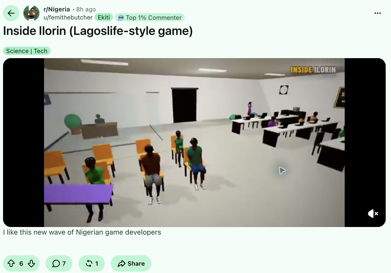 Original Reddit post titled Inside Ilorin (Lagoslife-style game) with a preview of that separate game
