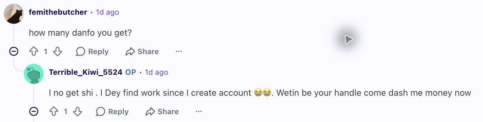 Reddit reply asking about danfos followed by the poster saying they have been looking for work since creating their LagosLife account