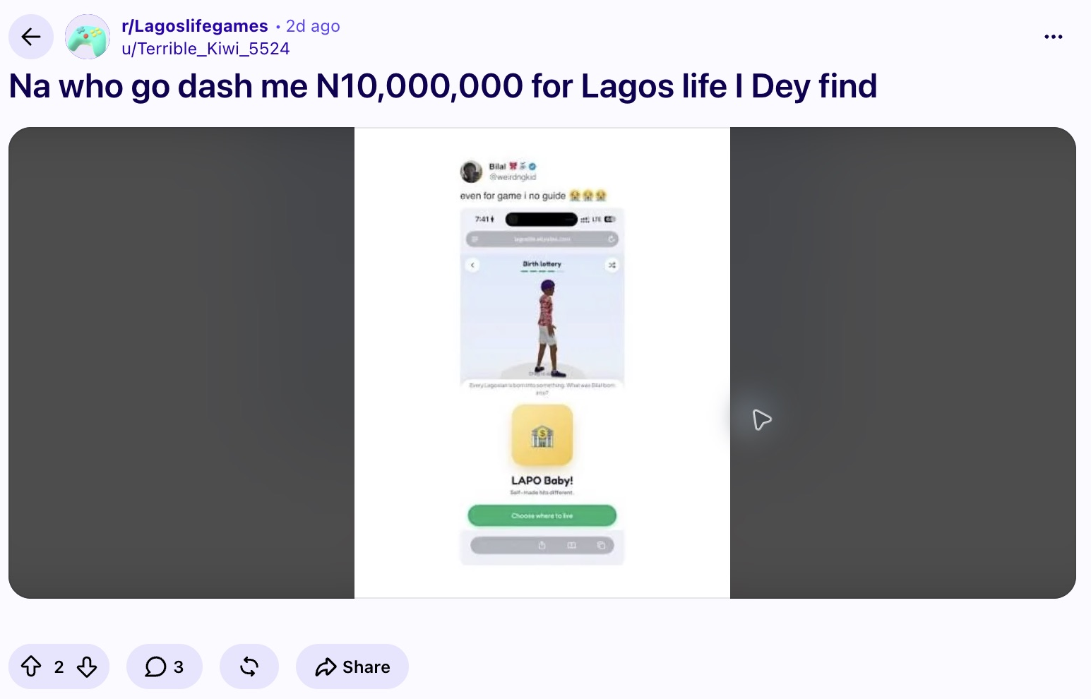 Reddit post by u/Terrible_Kiwi_5524 asking for 10 million Game Naira in LagosLife, with an embedded LAPO Baby image