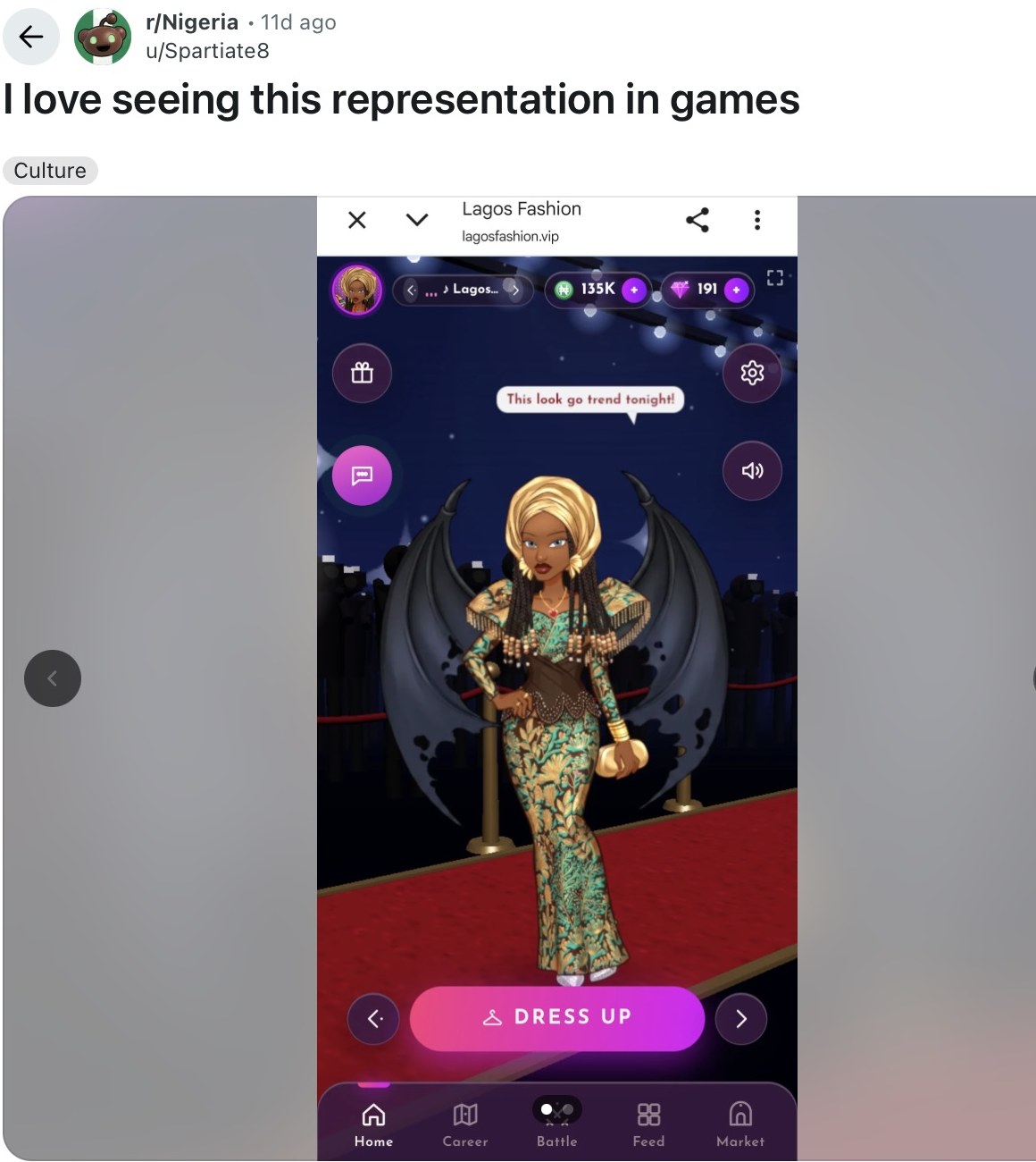 u/Spartiate8’s Reddit post showing a winged character in Lagos Fashion