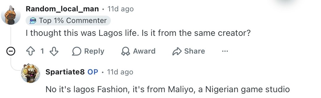 A Reddit reader asks if this is LagosLife; the original poster replies that it is Lagos Fashion