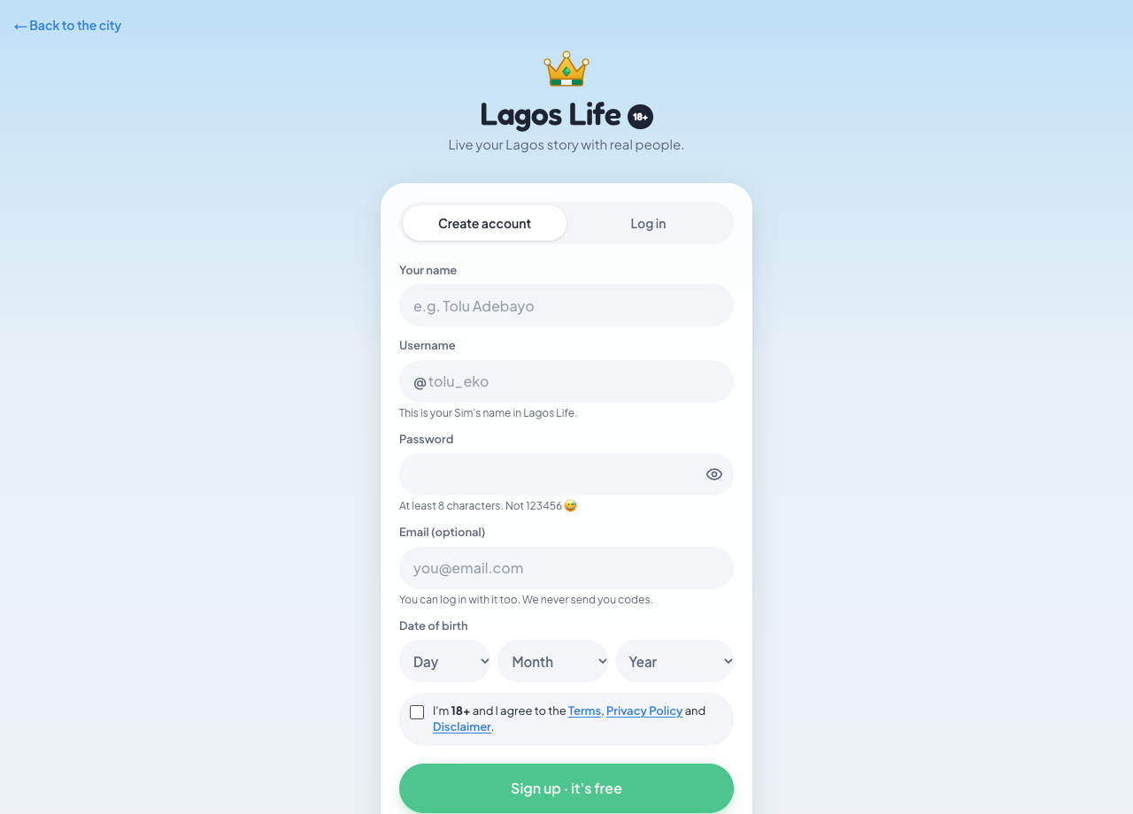 Official LagosLife signup form with Date of birth selectors and an adult agreement checkbox