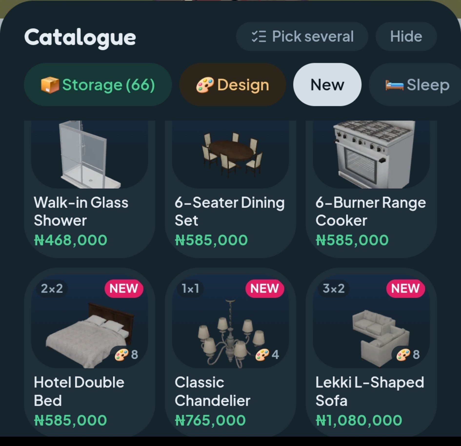 LagosLife furniture catalogue showing a dining set, cooker, bed, chandelier and L-shaped sofa