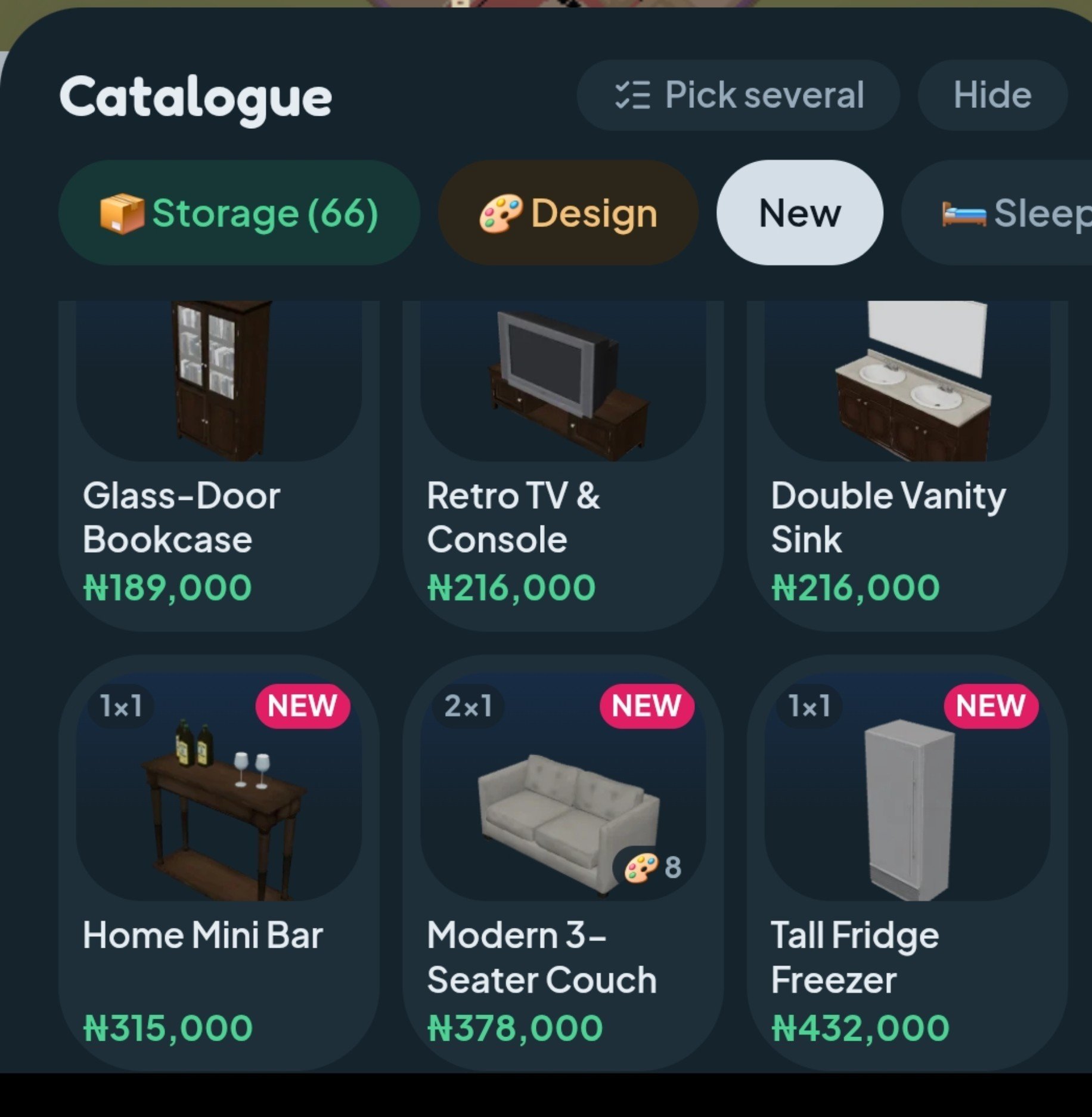 LagosLife catalogue image showing storage, a television console, bathroom furniture, a sofa and a fridge