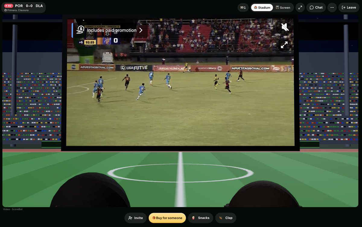 Football broadcast on a LagosLife stadium screen, with chat, invitations, snacks and a Clap button