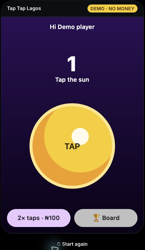Tap Tap Lagos demo with a yellow sun button, one point and an optional double-tap upgrade