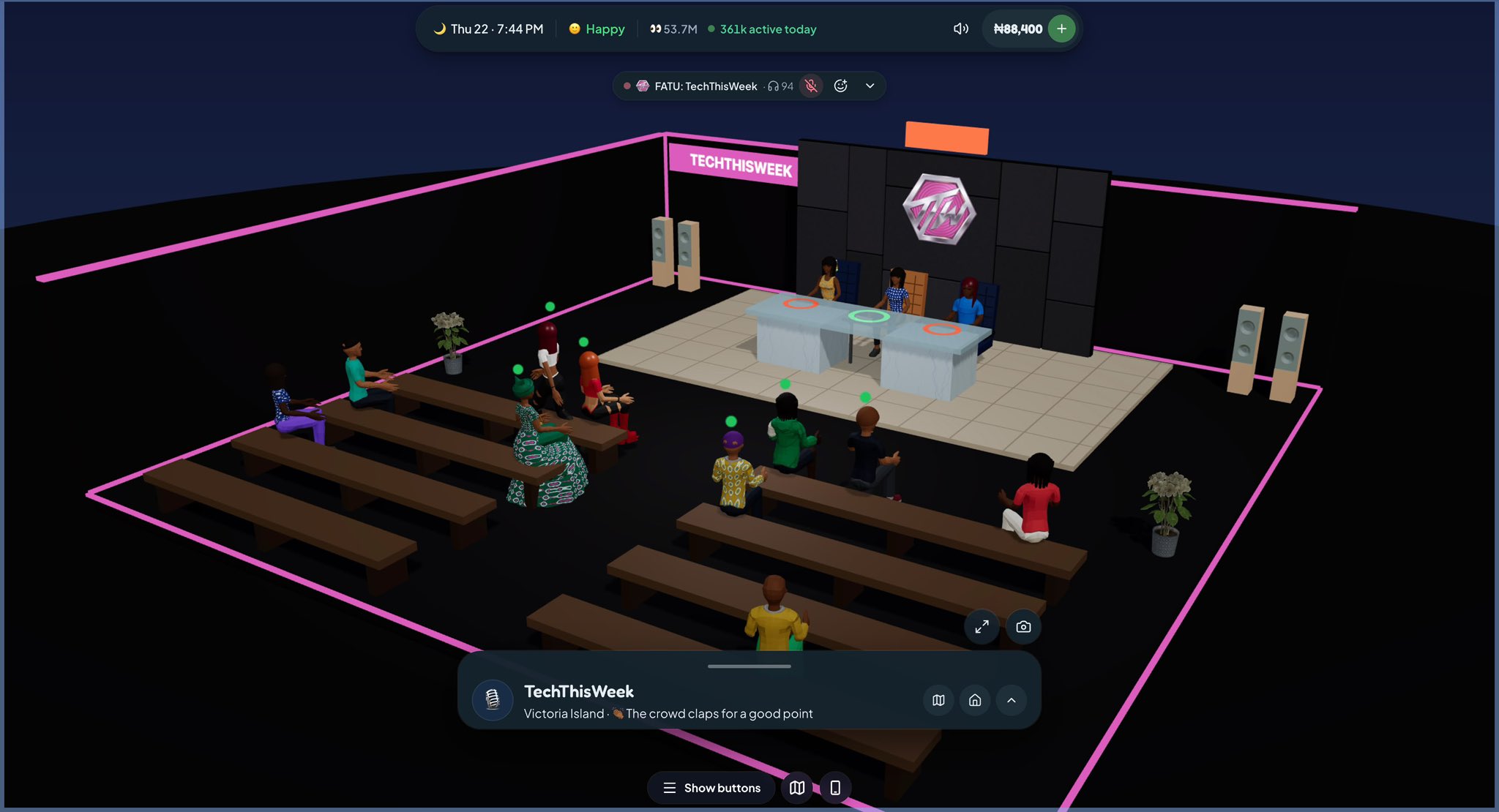 LagosLife TechThisWeek venue with audience benches facing three avatars at a stage table