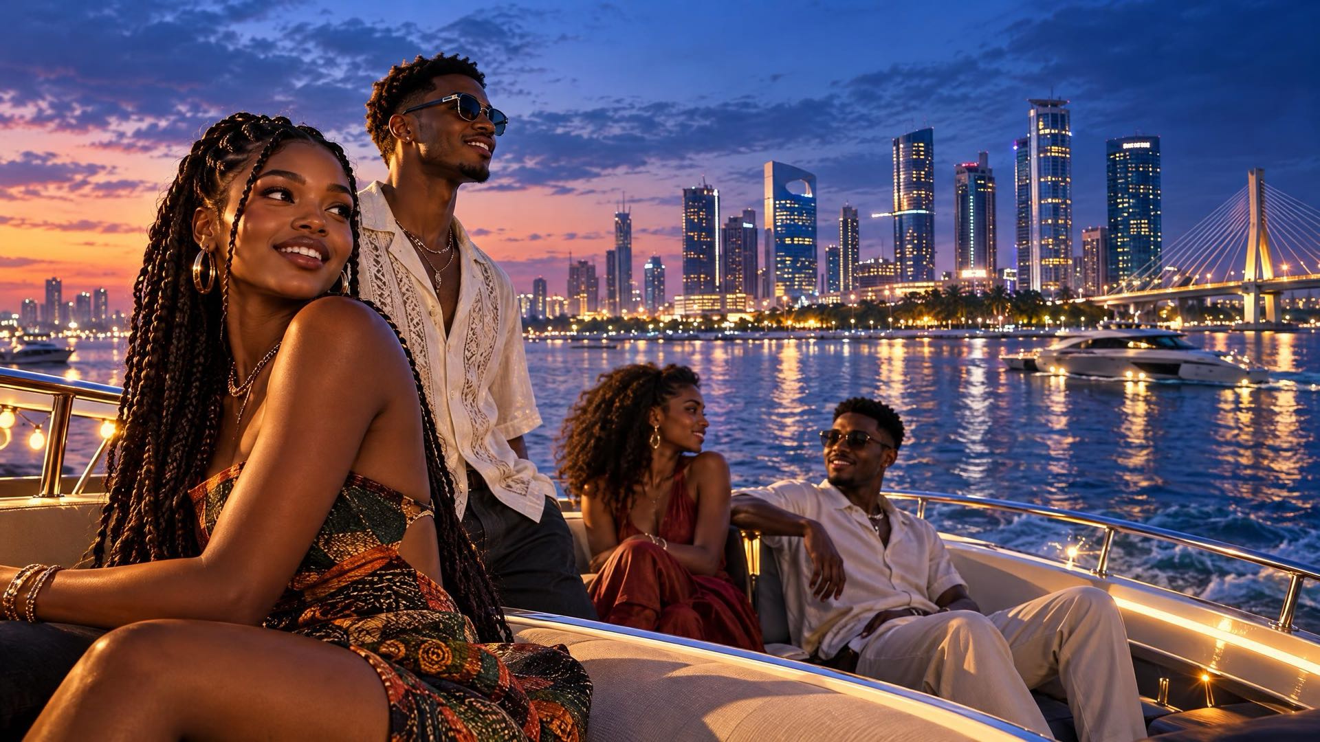 Vatar promotional illustration of friends on a boat in front of a city skyline