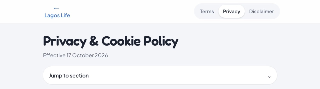 Official Privacy and Cookie Policy header showing its 17 October 2026 effective date