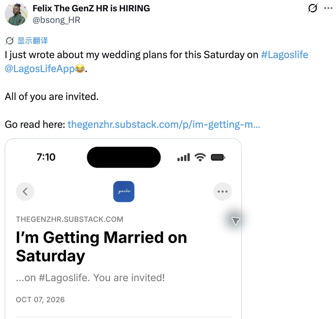 Felix The GenZ HR’s public X post inviting readers to a planned LagosLife wedding and linking to the full newsletter
