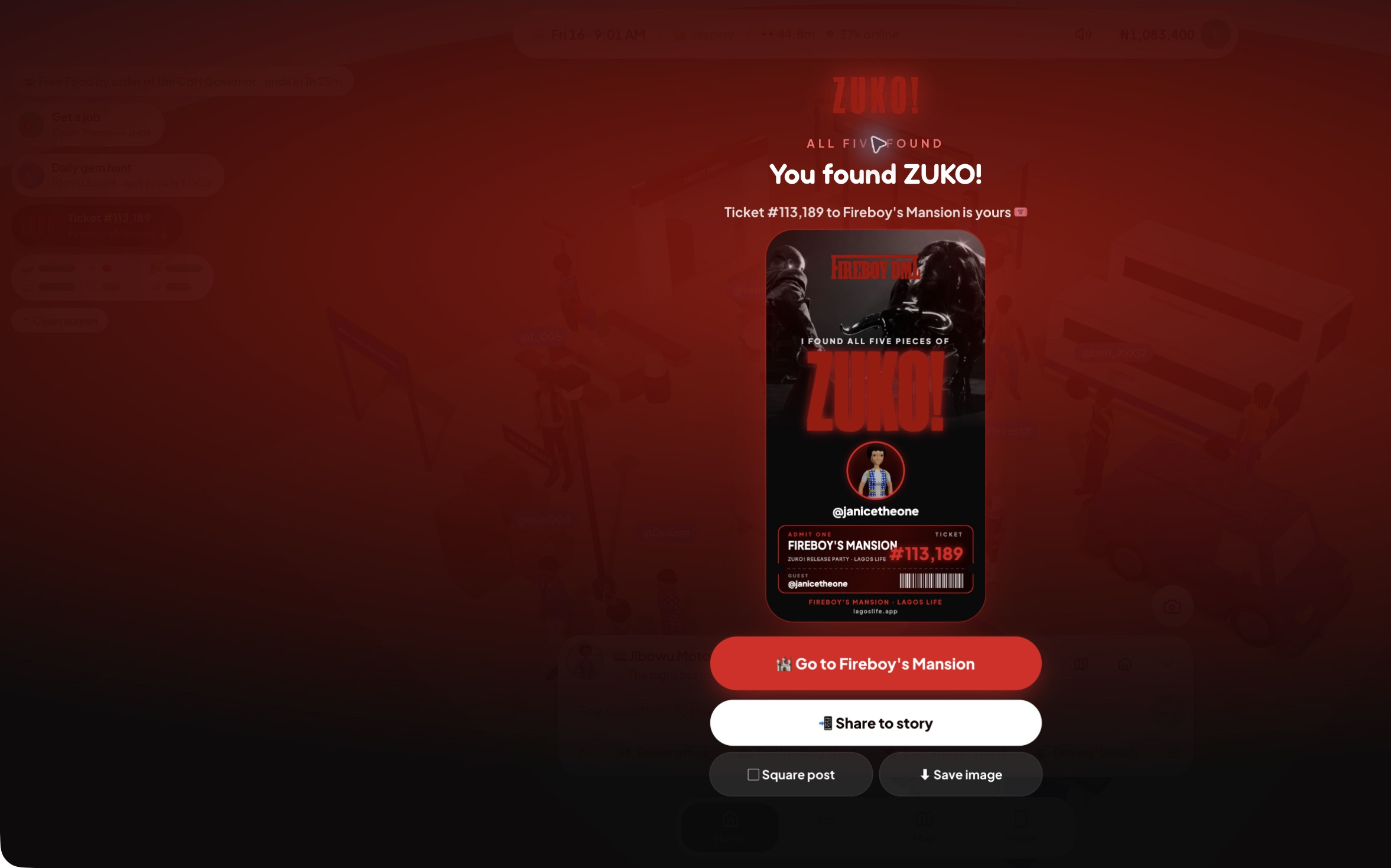 LagosLife ZUKO completion screen with ticket 113189 and a button to enter Fireboy’s Mansion