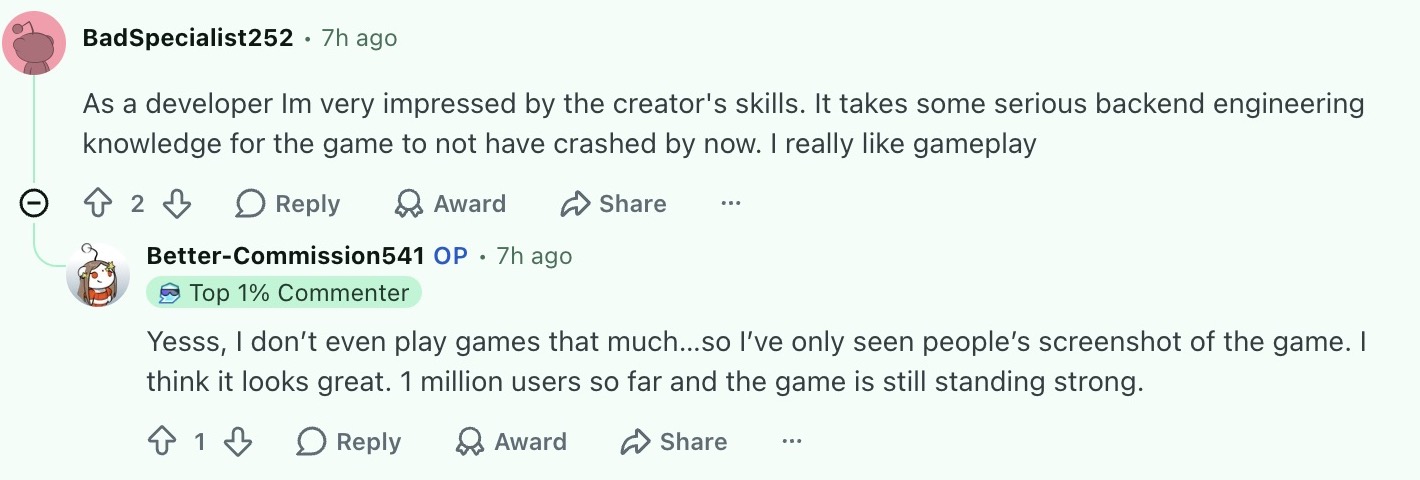 Reddit replies from u/BadSpecialist252 and u/Better-Commission541 about LagosLife gameplay and screenshots