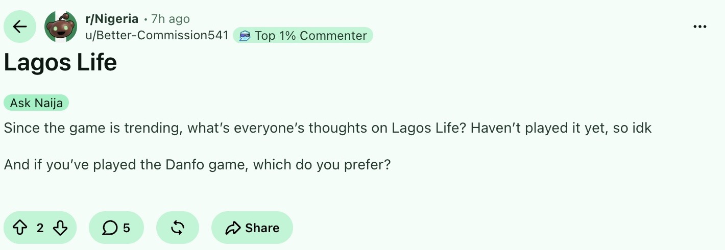 Public r/Nigeria discussion where a LagosLife onlooker asks players what they think of the game