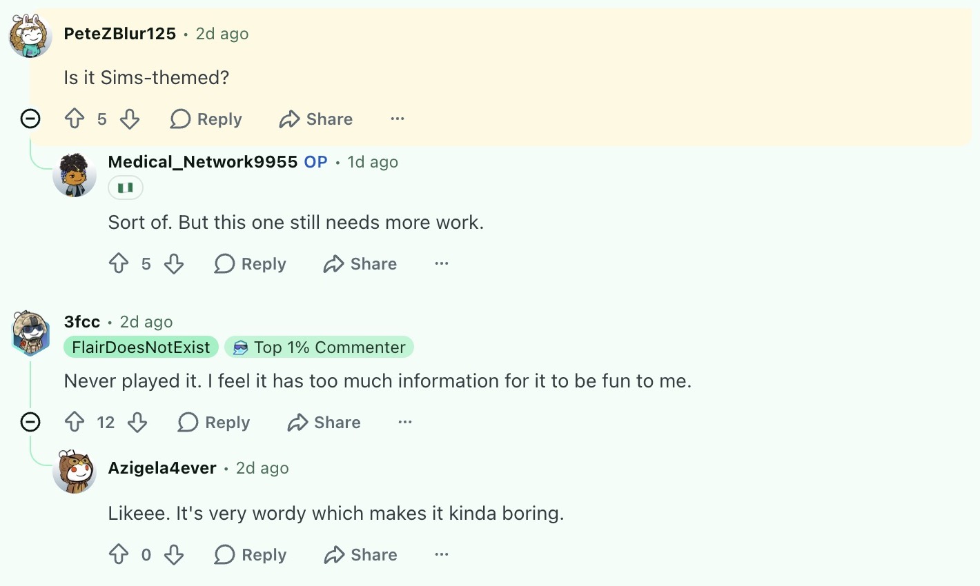 Public Reddit replies asking if LagosLife is Sims-themed and discussing its text-heavy presentation
