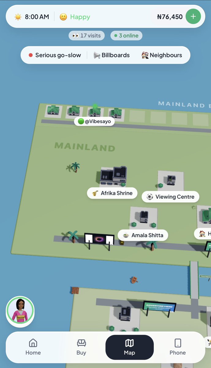 Early Lagos Life mobile map showing four homes on the Mainland, Afrika Shrine, a Viewing Centre, Amala Shitta and water around the island.